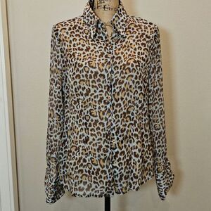 BCBG Women's Animal Print Long Sleeve Chiffon Button Down Blouse Size M